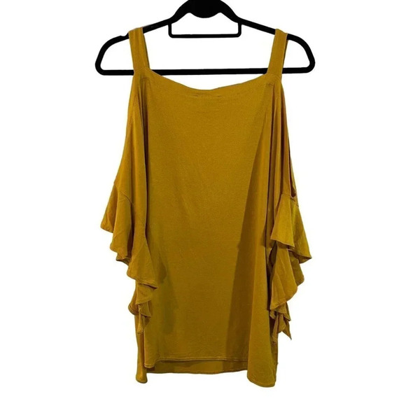 Ups & Downs Yellow Blouse Plus Size 2X Cold Shoulder Short Sleeves Jersey Knit - Picture 3 of 4